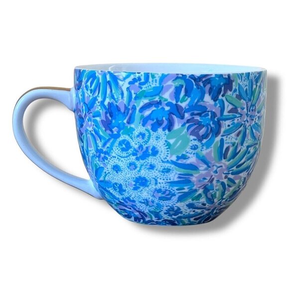 Lilly Pulitzer Coffee Cup Set of 2 Mugs 12 oz Blue White Gold High Manetenance - Picture 6 of 9